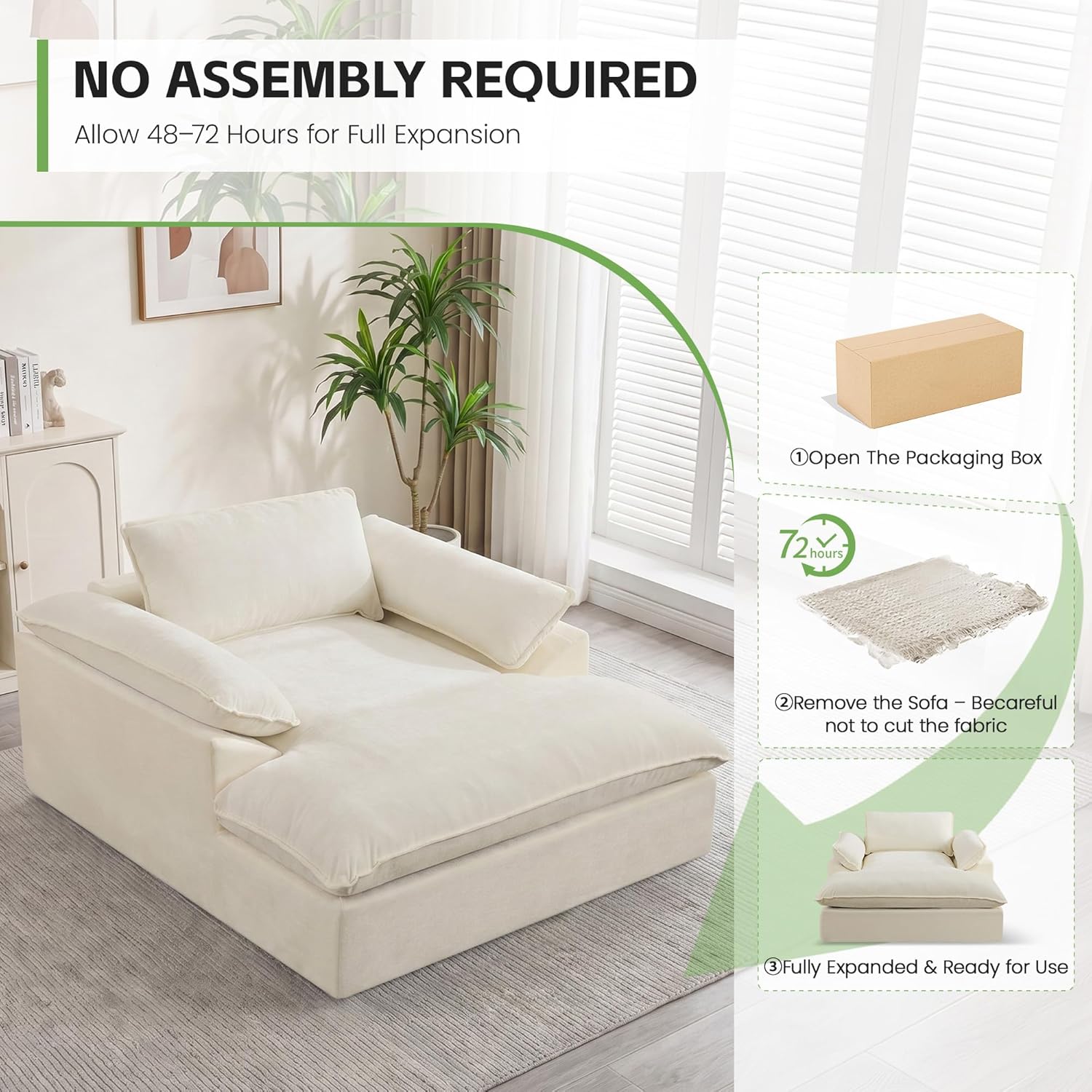 HUBSON 69" Oversized Boneless Chaise Lounge Chair Indoor, Comfy Deep Seat Sleeper Lounge Couch, Upholstered Chenille Cloud Chairs for Living Room, Bedroom, Apartment, No Assembly Required, Beige