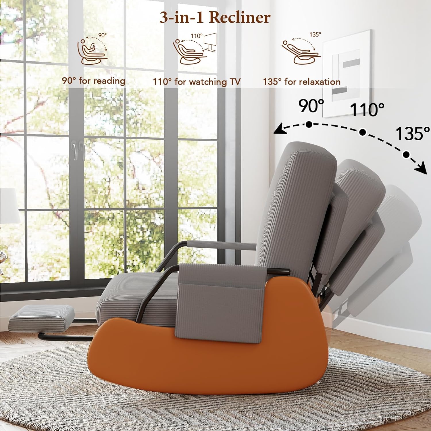 Furniliving Modern Glider Rocking Chair, Upholstered Nursery Glider Chair with Adjustable Recline & Retractable Footrest, Comfortable Lounge Chair for Mom Nursery Living Room Bedroom (Dark Grey)