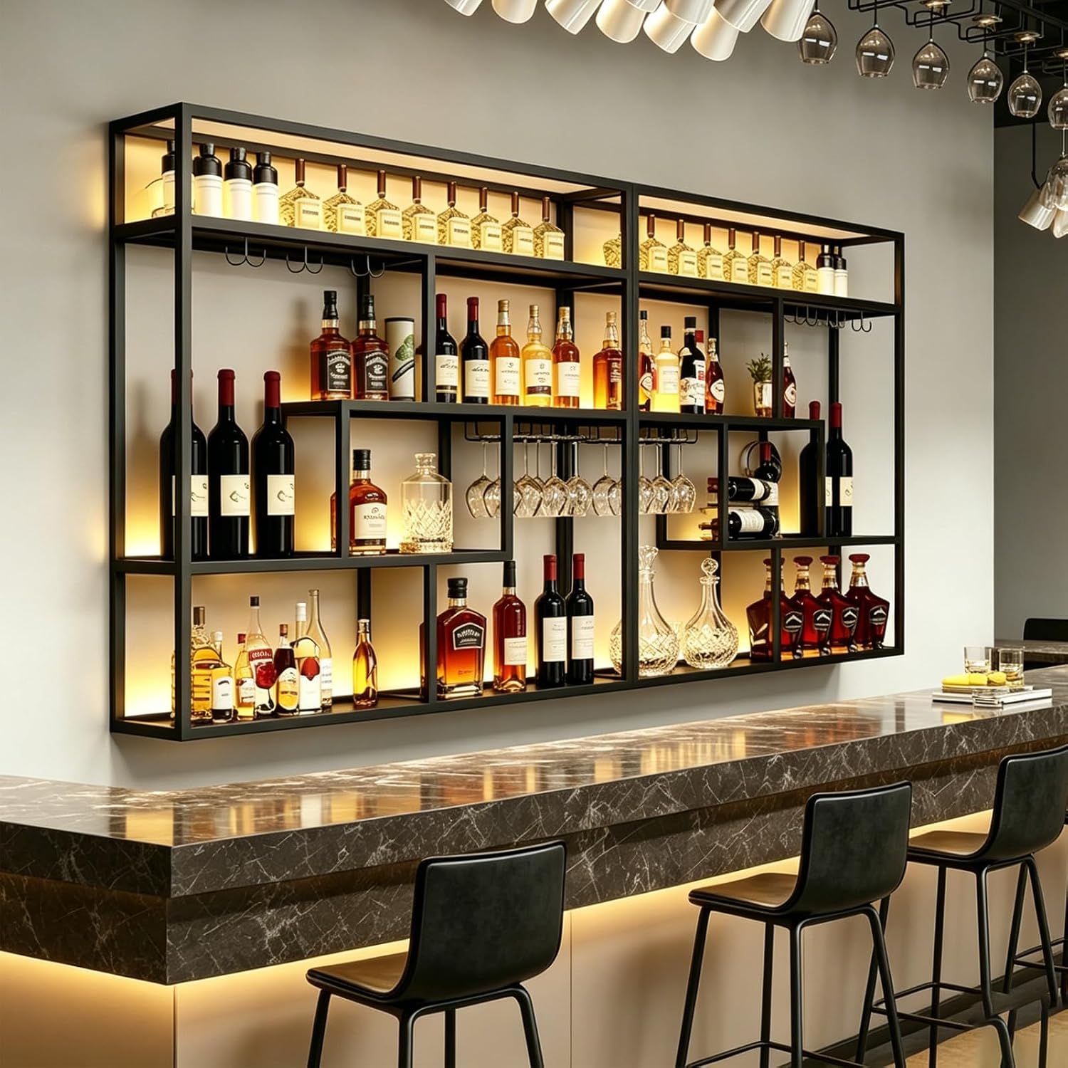 Black Wall Mounted Wine Rack with Hanging Stemware Glass Holder, 4 Tier Liquor Bottle Display Shelf, Floating Bar Storage Organizer for Home, Kitchen, Restaurant, Liquor Cabinet Decor (Gold, 95in)