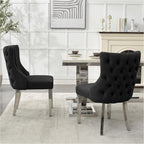 adochr Dining Chairs Set of 4, Velvet Upholstered Kitchen Chairs with Stainless Steel Legs, Button Tufted Back & Adjustable Feet, Black