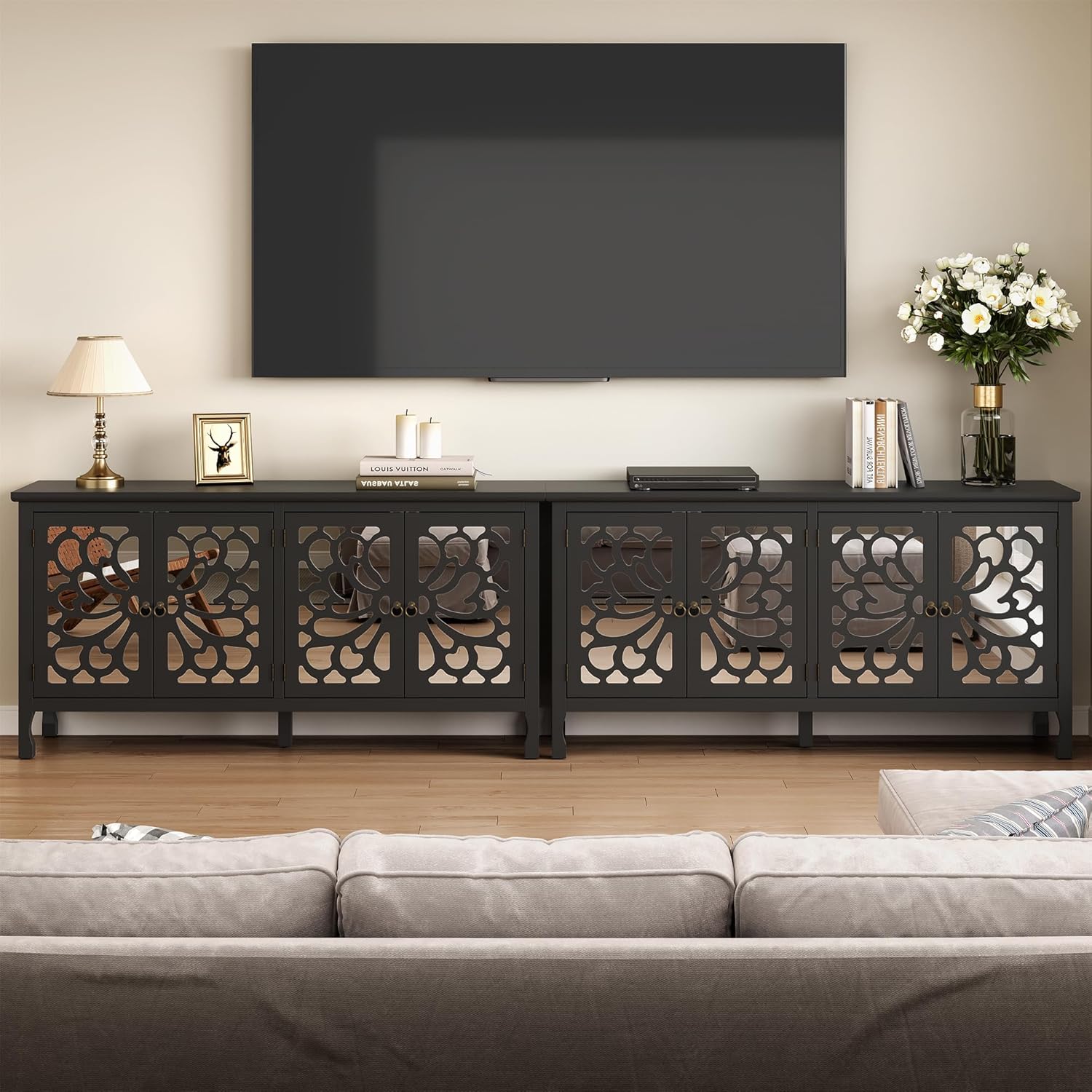 RoyalCraft 63'' Sideboard Buffet Cabinet with Storage, Accent Cabinet Credenza with 4 Doors and Adjustable Shelves, Vintage Media Console for Entryway, Living Room, Kitchen, Satin Black