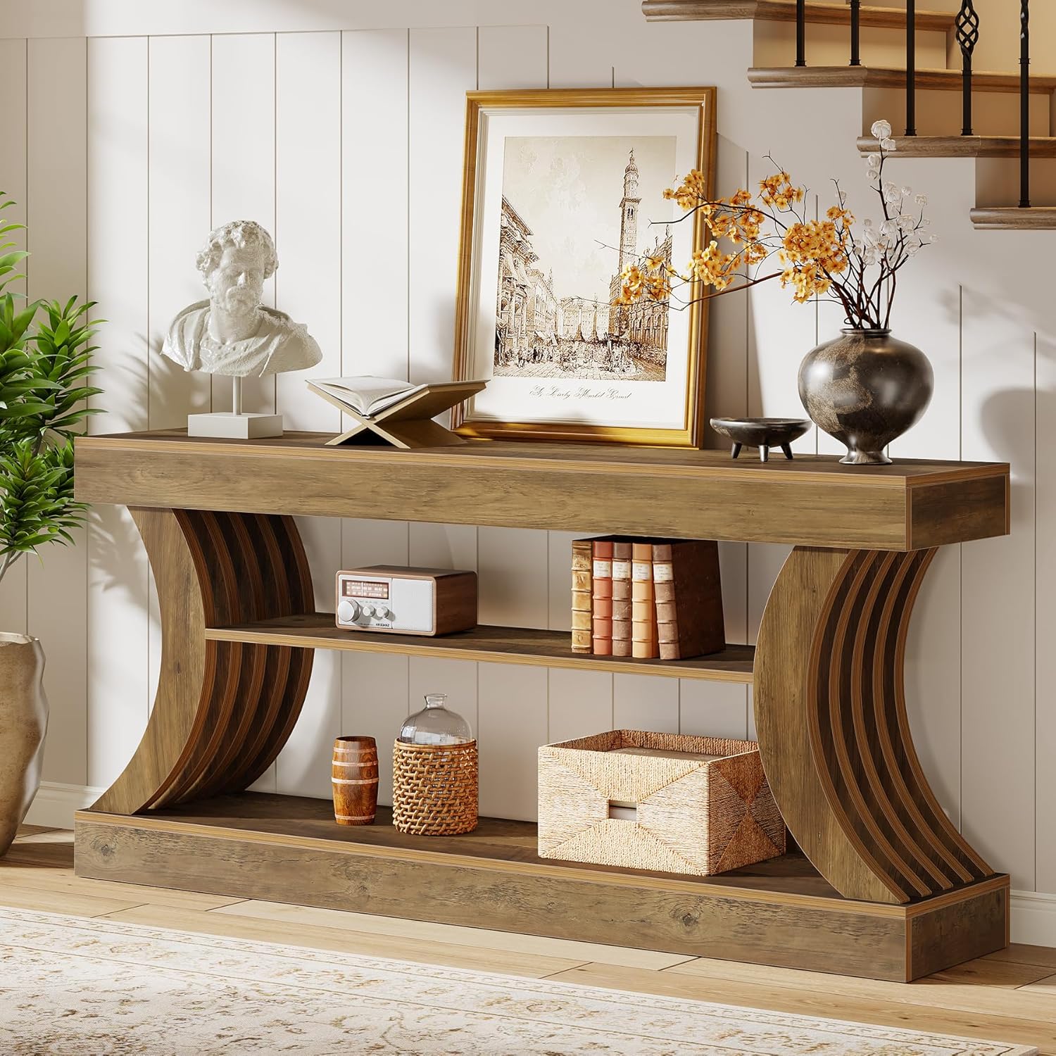 Tribesigns 70.9-Inch Long Farmhouse Entryway Console Table with Storage, 3-Tier Wooden Couch Table Behind Sofa, for Entry, Entrance, Hallway, Foyer, Living Room, Rustic Brown