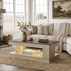 Miereirl Farmhouse Coffee Table with Storage Shelf, 2-Tier Wood Rustic Center Table with LED Light, 47” Rectangular Tea Tables for Living Room, Apartment, Office,Walnut &Light Ash White