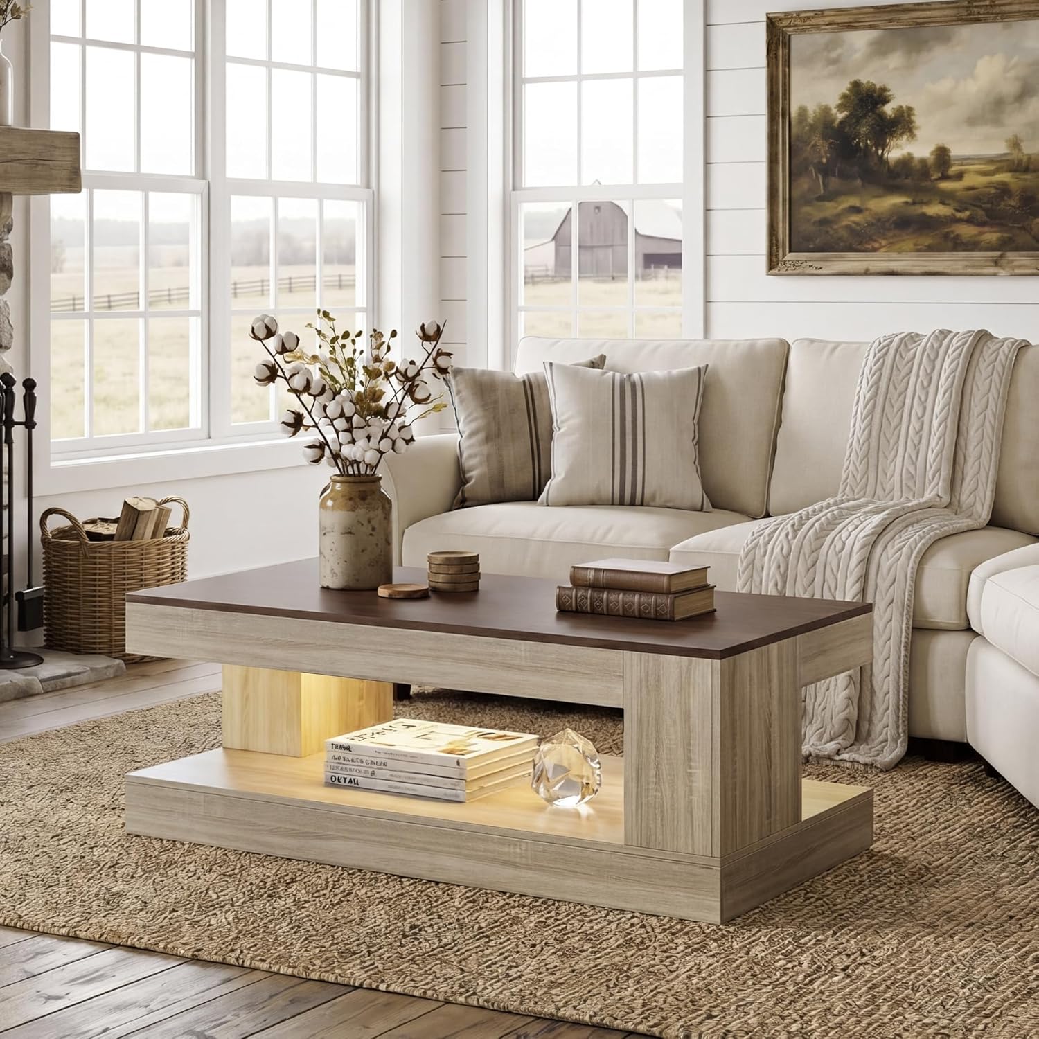 Miereirl Farmhouse Coffee Table with Storage Shelf, 2-Tier Wood Rustic Center Table with LED Light, 47” Rectangular Tea Tables for Living Room, Apartment, Office,Walnut &Light Ash White