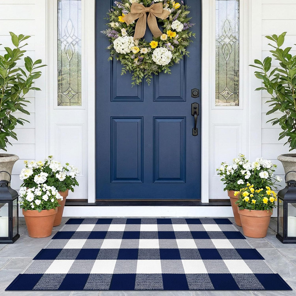 KOZYFLY Buffalo Plaid Area Rugs 2.3x3.6 Ft Blue and White Rug Washable Front Door Mat Woven Cotton Indoor Outdoor Rug for Front Porch Kitchen Entryway Patio Farmhouse Checkered Doormat
