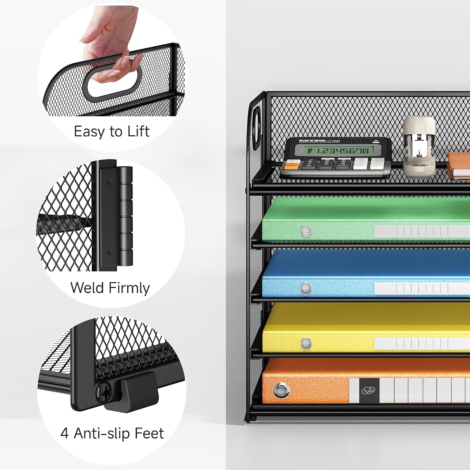 2 Pack 5-Tier Paper Organizer Letter Tray with Handle - Black Mesh Desk Paper Sorter File Organizer for Office, Home or School File Folder Holder