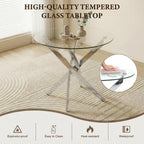 35" Round Glass Dining Table Set for 4, Modern Glass Dining Table Set with Velvet Woven Chairs, Beautiful 5-Pieces Furniture Set Suitable for Dining Room, Kitchen, Apartment and Home, Silver & Grey