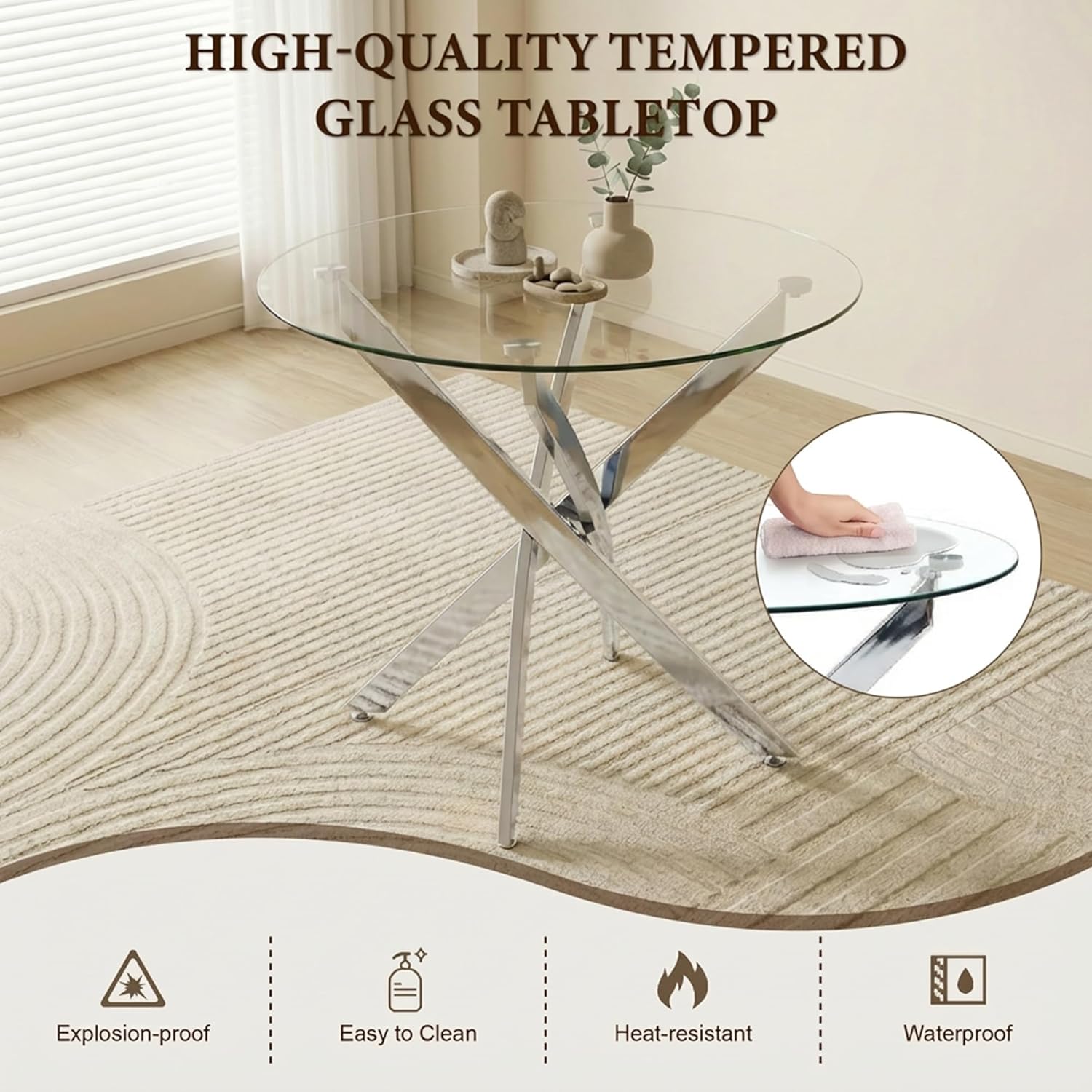 Round Glass Dining Table Set for 4, Modern Kitchen Table Chairs Set of 4, 35" Circle Glass Dinner Table with Silver Metal Legs, 4 Black Pu Leather Chairs, 5 Piece Dining Set for Small Space Apartment
