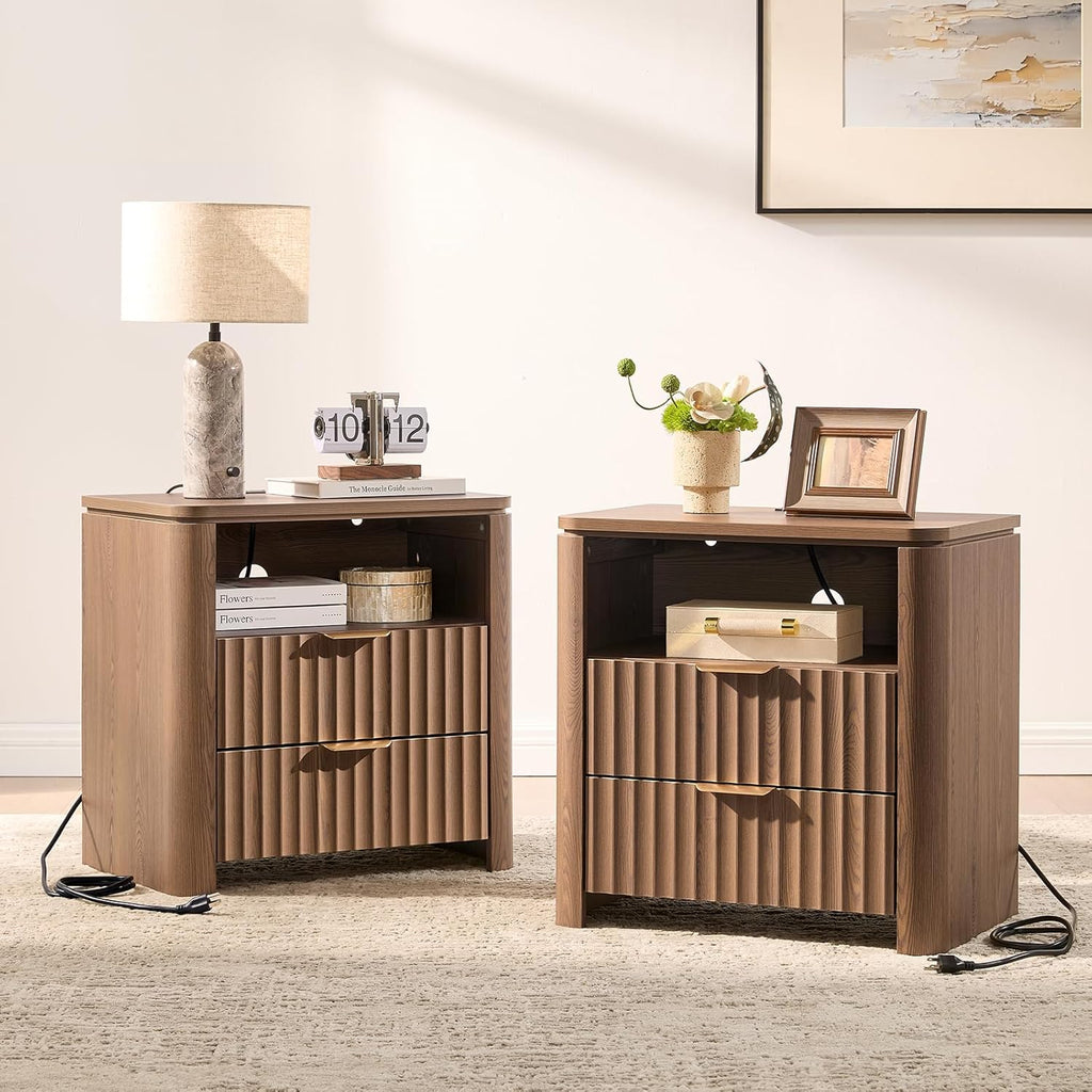 Night Stands Set of 2,Fluted Nightstands with Charging Station- Modern 2 Drawers Nightstand 23.8" Tall Bedside Table End Table, Large Night Stand for Bedroom, Sofa Side Table,Brown