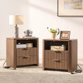 Night Stands Set of 2,Fluted Nightstands with Charging Station- Modern 2 Drawers Nightstand 23.8" Tall Bedside Table End Table, Large Night Stand for Bedroom, Sofa Side Table,Brown
