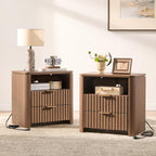 Night Stands Set of 2,Fluted Nightstands with Charging Station- Modern 2 Drawers Nightstand 23.8" Tall Bedside Table End Table, Large Night Stand for Bedroom, Sofa Side Table,Brown