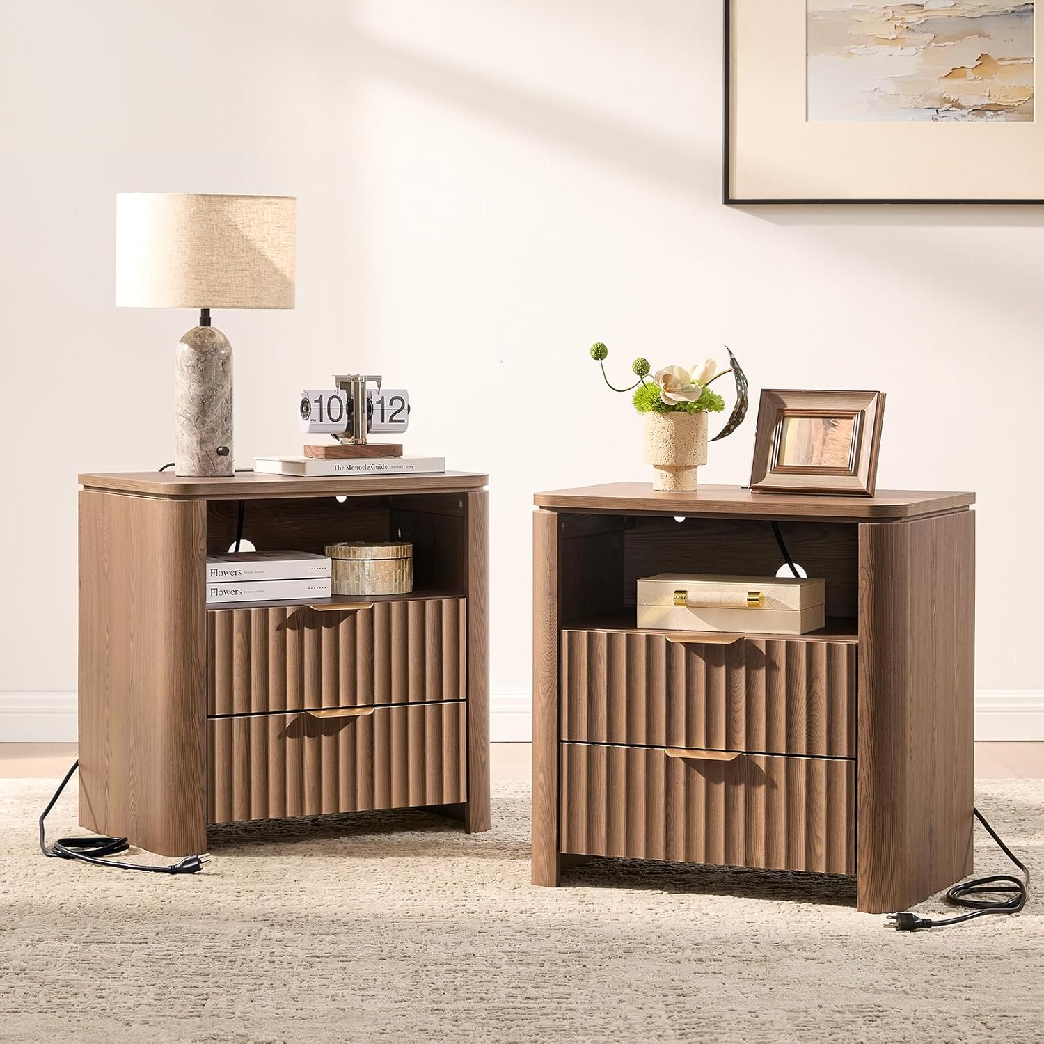 Night Stands Set of 2,Fluted Nightstands with Charging Station- Modern 2 Drawers Nightstand 23.8" Tall Bedside Table End Table, Large Night Stand for Bedroom, Sofa Side Table,Brown