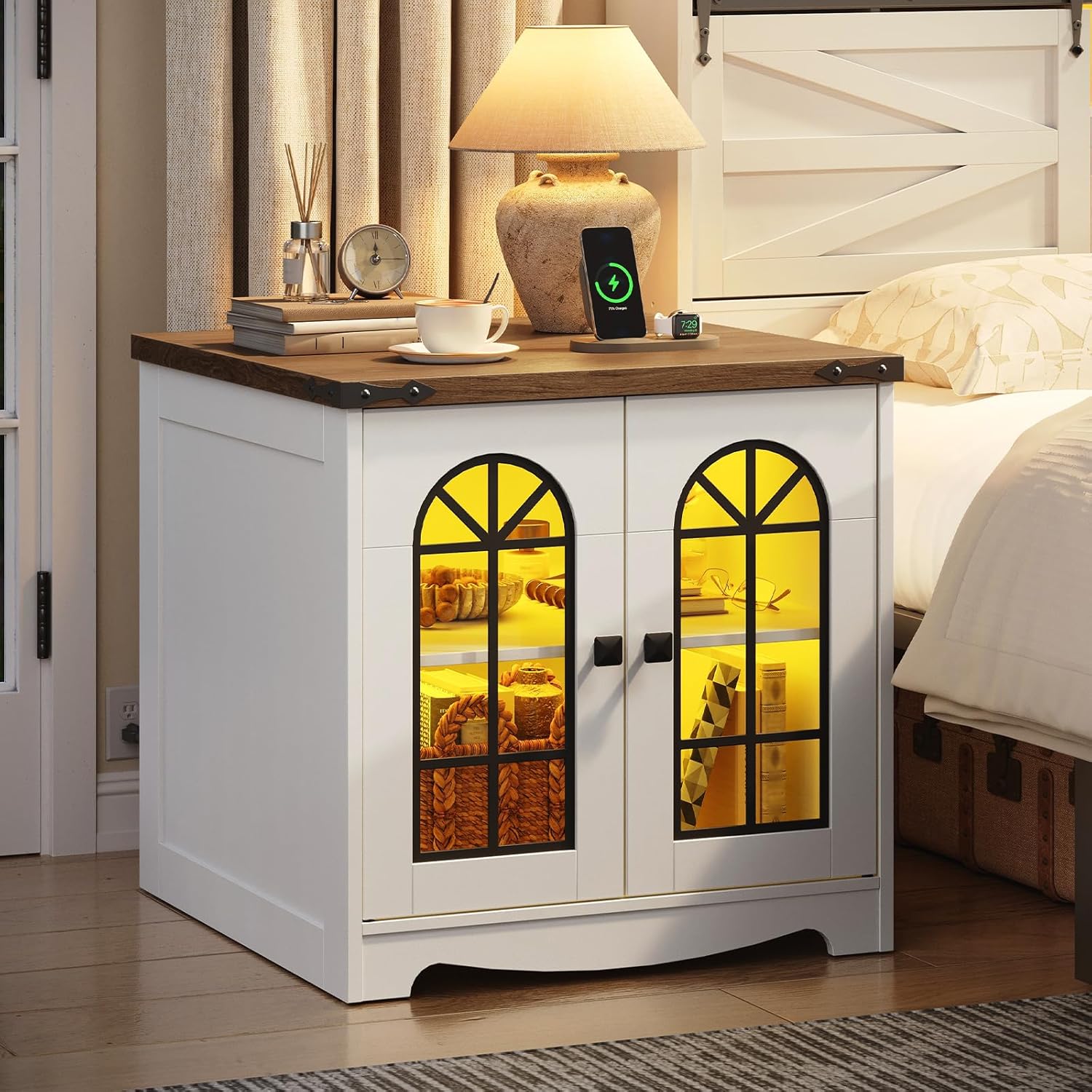 HOOBRO Farmhouse End Table, 23.6" Large Square Side Tables with Charging Station and LED Lights, Large End Table for Living Room, Wooden Nightstand with Glass Barn Door, White and Walnut WH604UDBZ01
