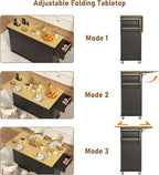 St.Mandyu 63 inch Rolling Kitchen Island with Power Outlet, Drop Leaf & Storage Cabinet - Mobile Cart with Hidden Trash Cabinet, Spice Rack, Shelves, and Towel Holder for Small Spaces,Black