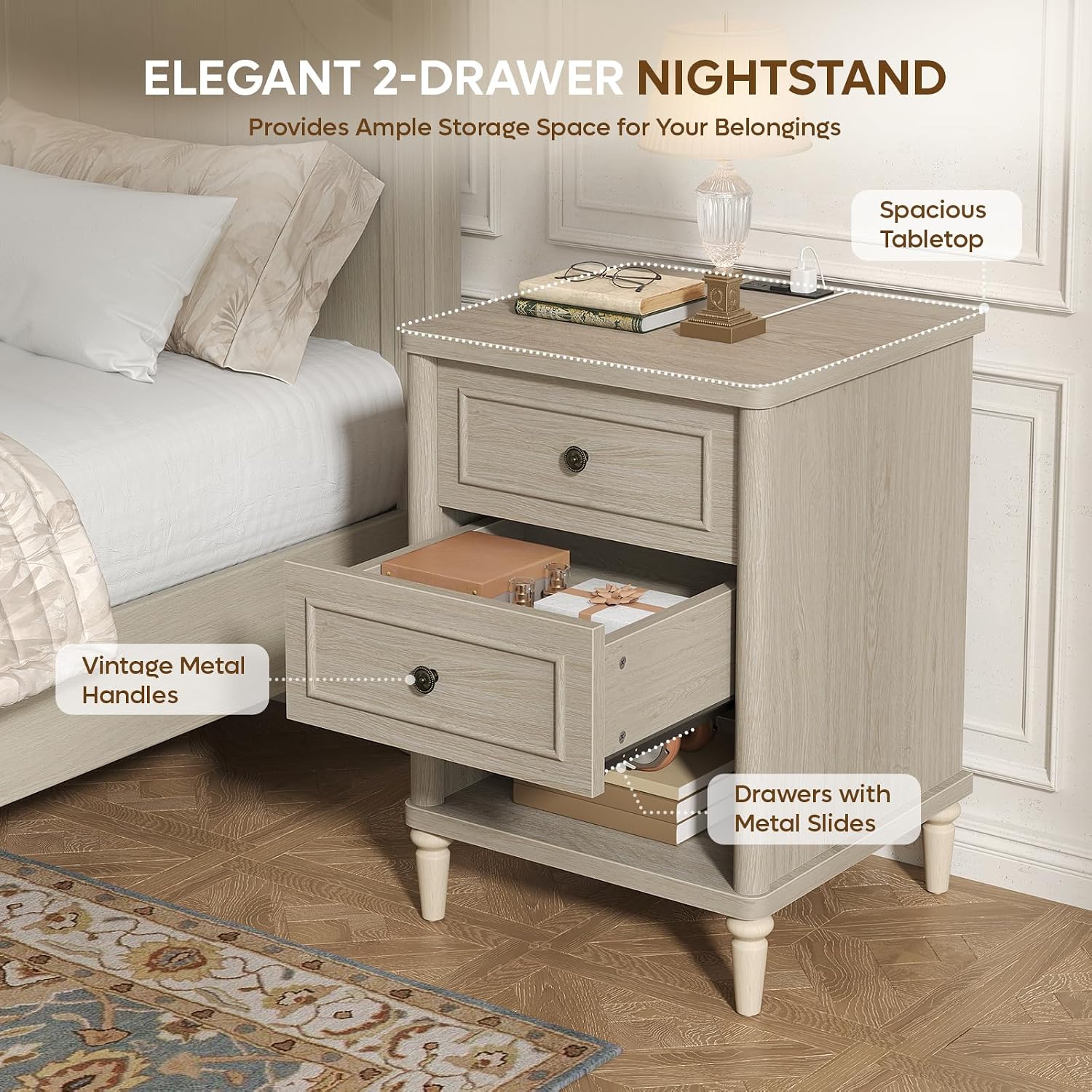 Bestier Night Stand with Charging Station, 26.7" H Farmhouse Nightstand with 2 Drawers & Open Shelf, Solid Wood Nightstand with AC Outlets, USB & USB-C Ports, Bed End Tables for Bedroom, Cream Oak