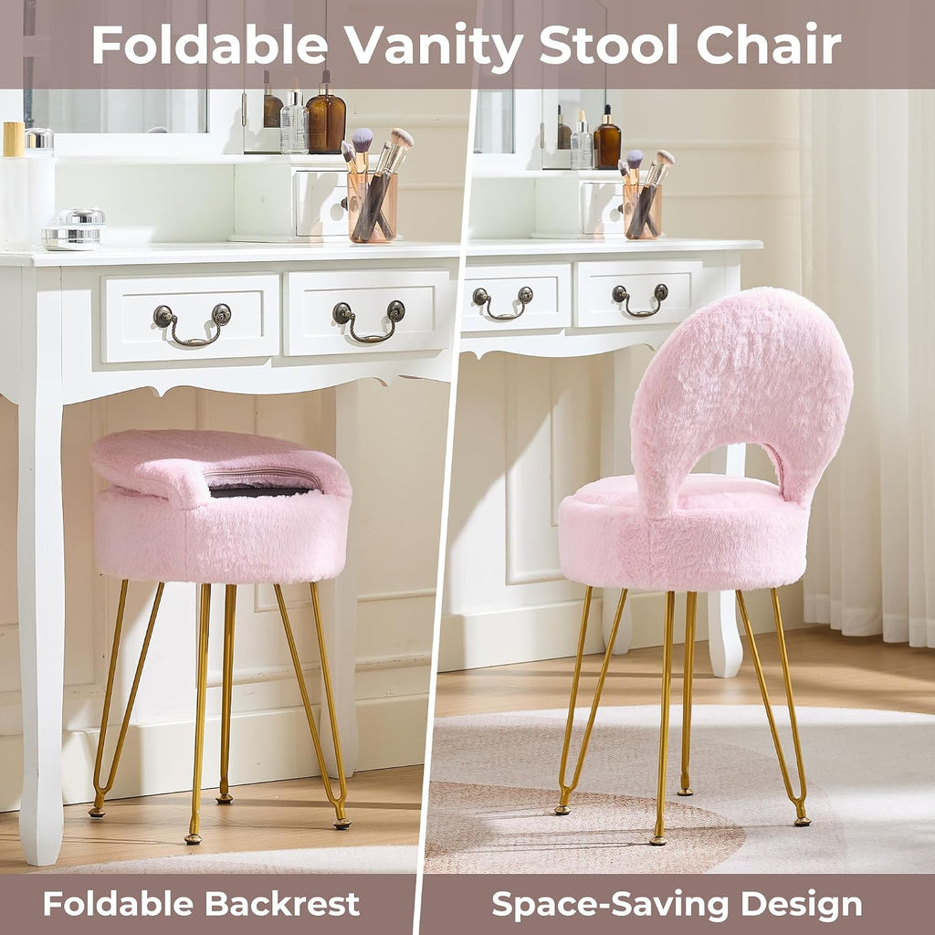 Faux Fur Pink Small Vanity Chair & Stool - 13" Dx13 W Folding Back Storage Ottoman, Anti-Slip Golden V-Leg for Bedroom Makeup Room