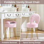 Faux Fur Pink Small Vanity Chair & Stool - 13" Dx13 W Folding Back Storage Ottoman, Anti-Slip Golden V-Leg for Bedroom Makeup Room