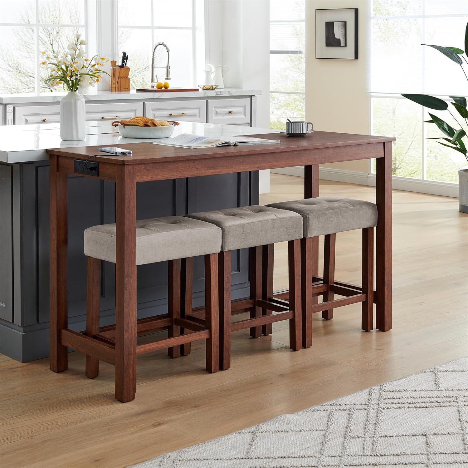 Knocbel Industrial 3-Person Counter Height Bar Table Set with Power Outlet, 4-Piece Dinette Set with Padded Seat Stools, Apartment Condo Small Space Pub Bistro Dining Furniture Set (Cherry)