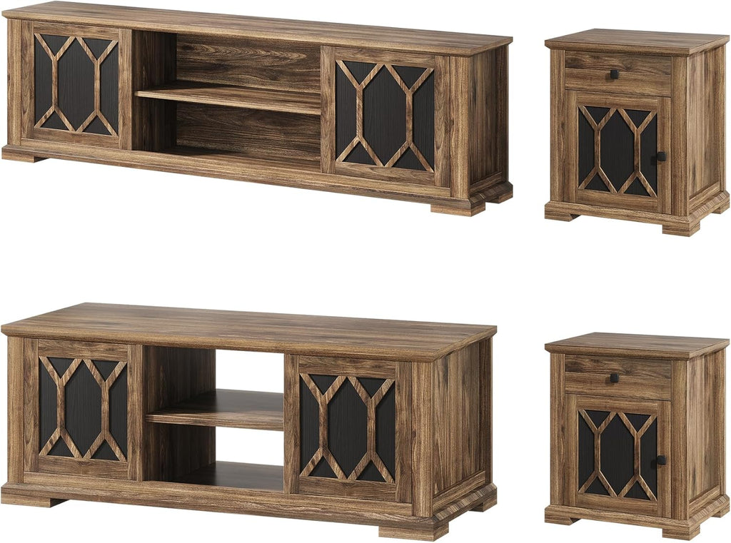 Living Room Table Sets 4 Piece Includes TV Stand, Farmhouse TV Stand for 65Inch TV, Rectangular Coffee Table with Storage, Two End Table with Drawer, Rustic Brown