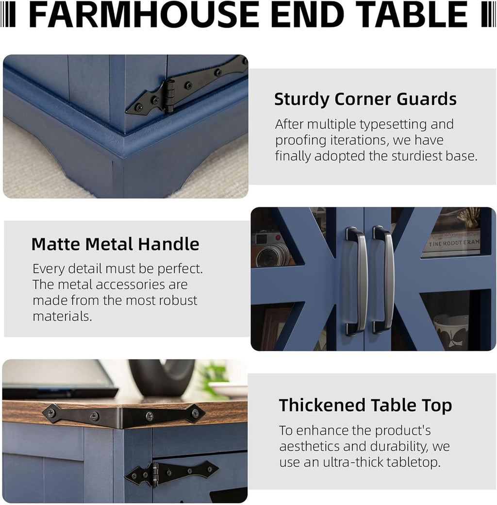 Farmhouse End Table, 24" Large End Tables with Storage, Rustic Square Sofa Beside Table with Glass Barn Door, Wood Side Table Square Nightstand for Living Room, Bedroom, Office (Misty Blue)