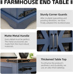 Farmhouse End Table, 24" Large End Tables with Storage, Rustic Square Sofa Beside Table with Glass Barn Door, Wood Side Table Square Nightstand for Living Room, Bedroom, Office (Misty Blue)