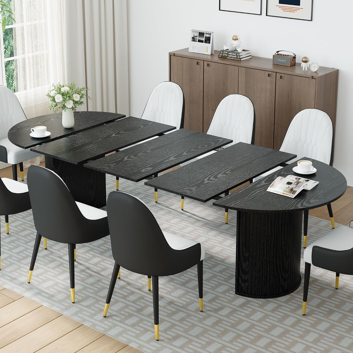 AF ARTISAN FURNITURE 105" Oval Extendable Dining Table for 4-10, MDF Tabletop with Fluted Column Base, Mid-Century Modern Kitchen Table for Dining Room or Office, Extends 45"-105", Black