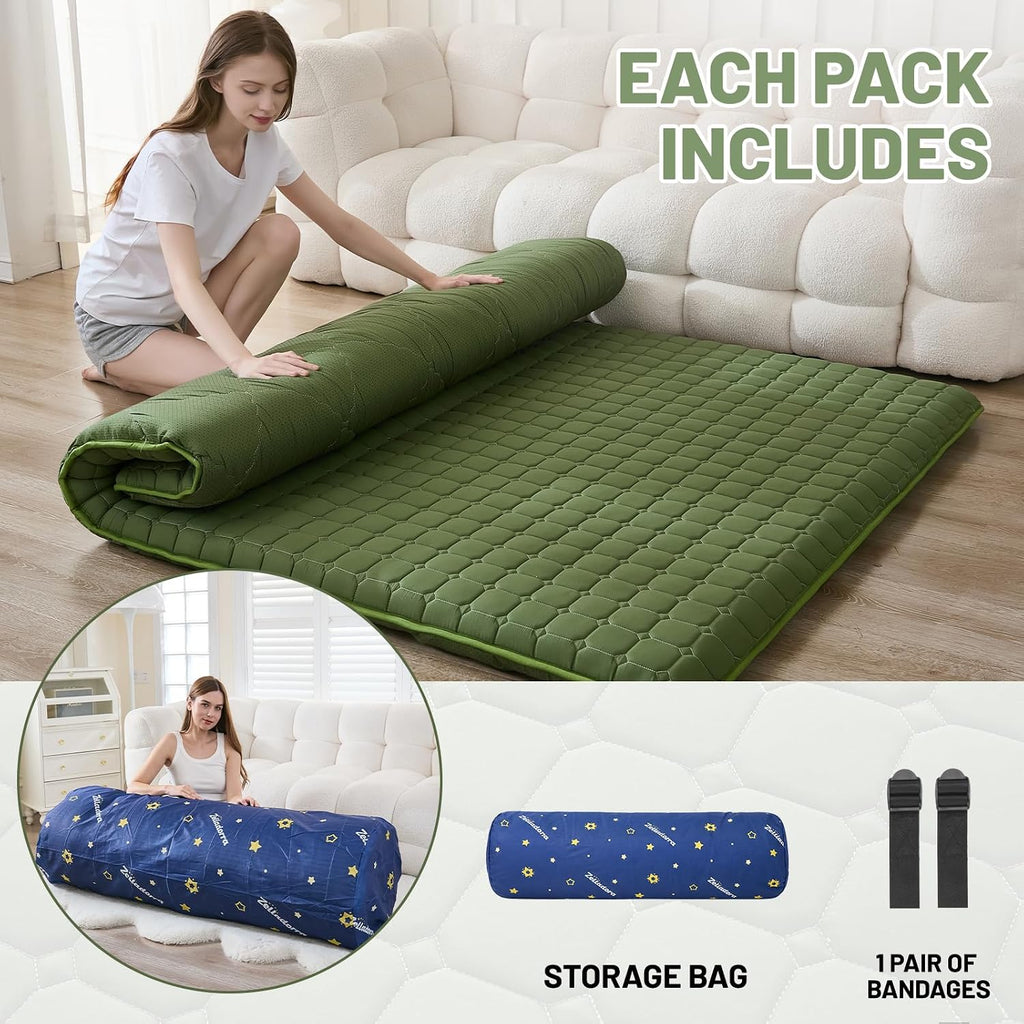 Zelladorra Japanese Floor Mattress Queen, Anti-Slip Japanese Futon Roll Up Tatami Mat for Guests, Green