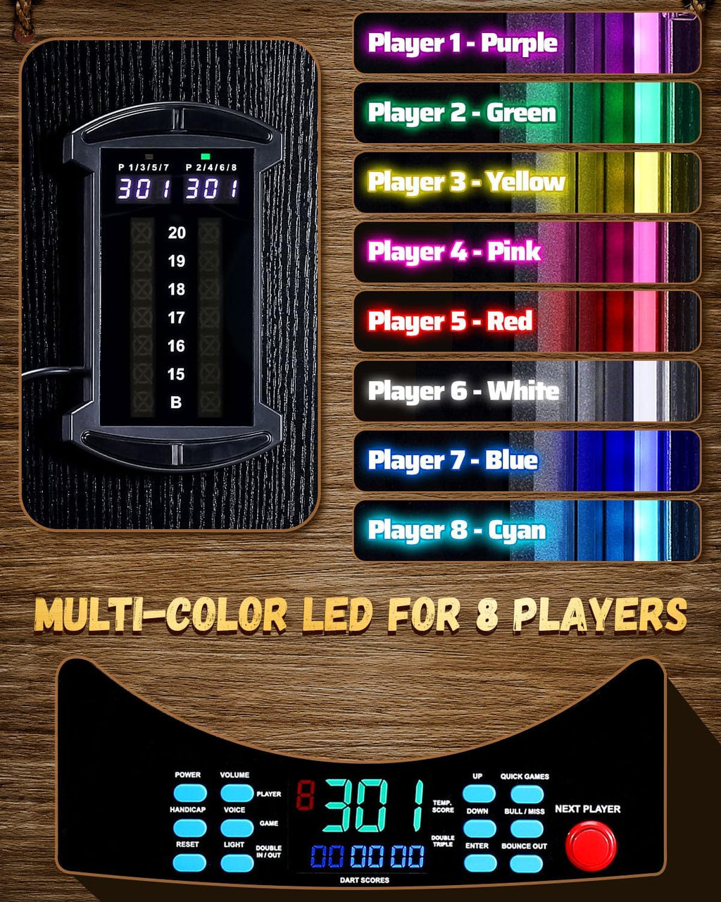 Electronic Dart Board, Electric Dartboard Cabinet Set for Adults [12 Soft Tip Darts] Individual Light Color for Each Player- Wooden Dartboard Cabinet for Family Game