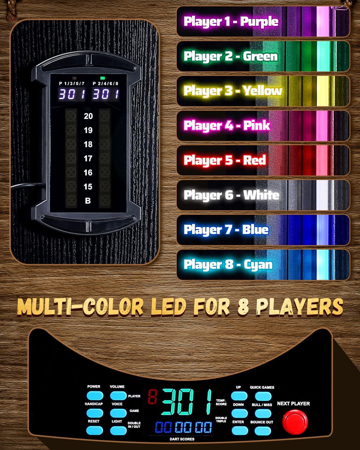 Electronic Dart Board, Electric Dartboard Cabinet Set for Adults [12 Soft Tip Darts] Individual Light Color for Each Player- Wooden Dartboard Cabinet for Family Game