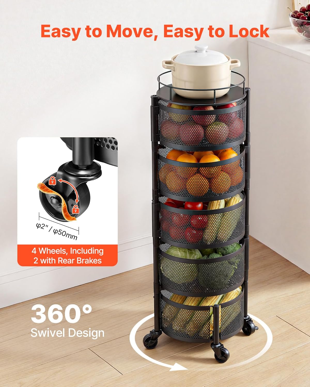 VEVOR Rotating Storage Rack Cart, 5 Tier Fruit and Vegetable Basket Bowls, Heavy Duty Wire Basket Organizer on Wheels, Large Capacity Stand with Metal Top Lid, for Kitchen Bathroom Nursery, Black