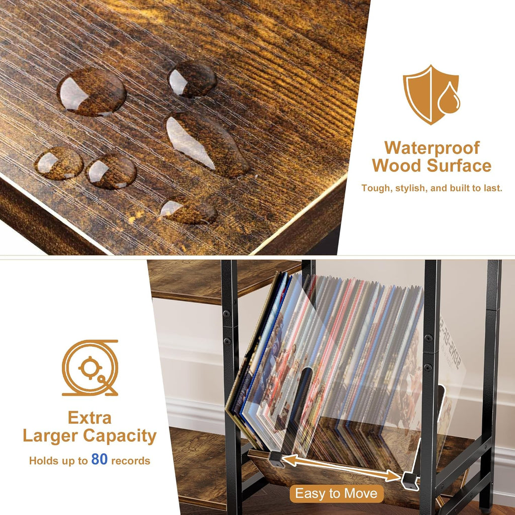 HYPIGO Record Player Stand with Power Outlets, Turntable Stand with Vinyl Record Storage Holds 300+ Albums, Record Player Table with Vinyl Display Holder for Living Room