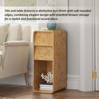 Aoikax Modern Burl Finish End Table with 2 Drawers and Open Storage, Curved Wood Side Table, Narrow Sofa Table, Slim Bedside Table for Living Room or Small Spaces