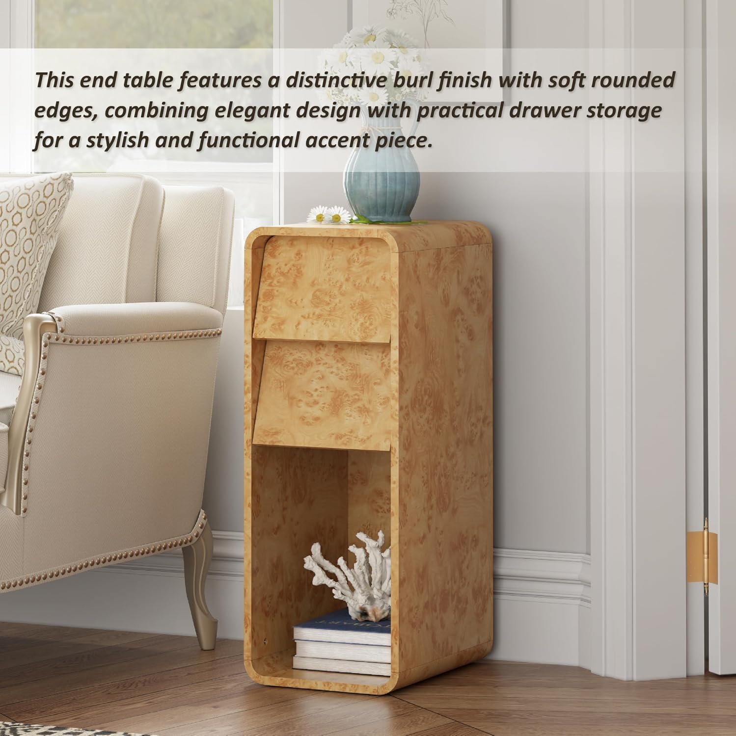 Aoikax Modern Burl Finish End Table with 2 Drawers and Open Storage, Curved Wood Side Table, Narrow Sofa Table, Slim Bedside Table for Living Room or Small Spaces