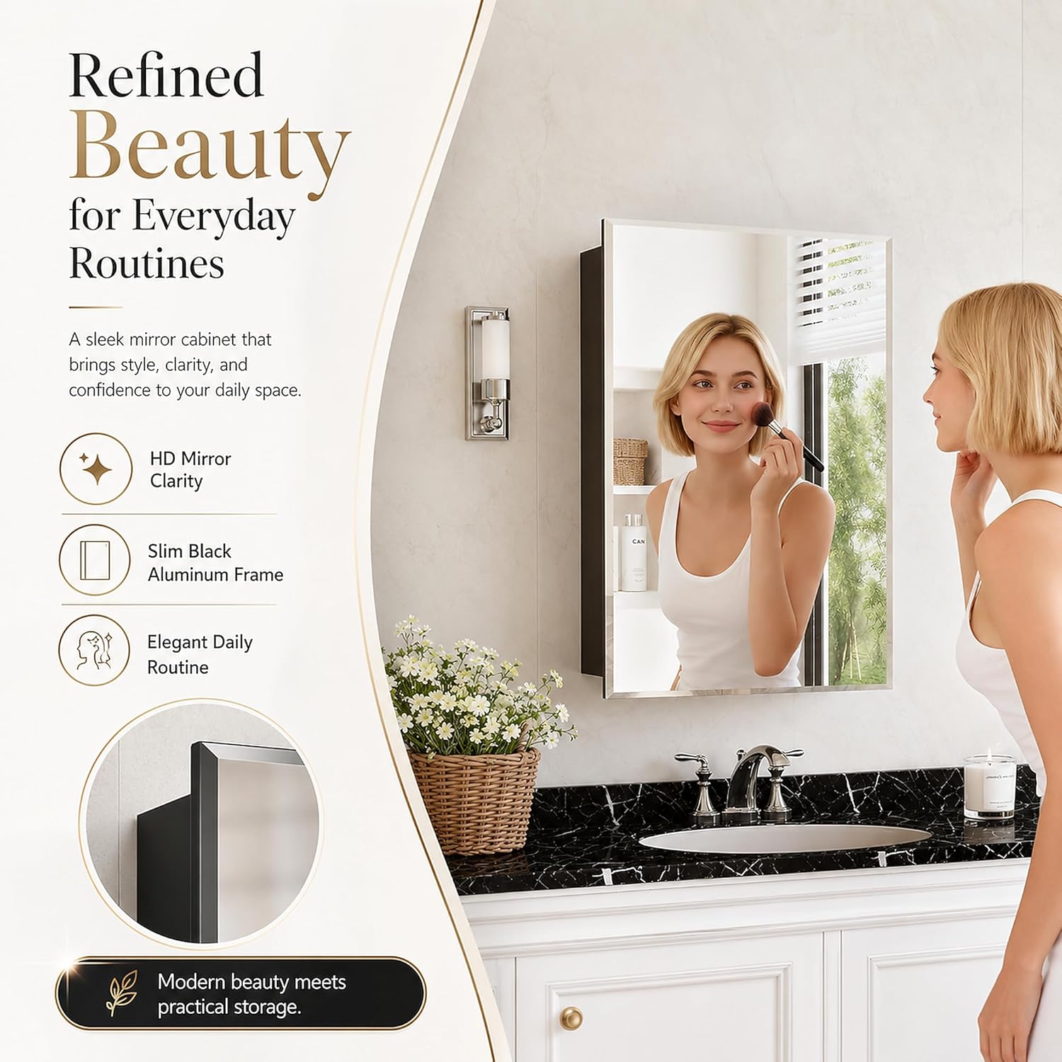 Medicine Cabinet with Mirror, 16 x 24 Frameless Beveled Bathroom Mirror with Storage, Aluminum Recessed or Wall Mount Medicine Cabinet, 6 Adjustable Shelves for Tall Bottles, DTC Soft Close