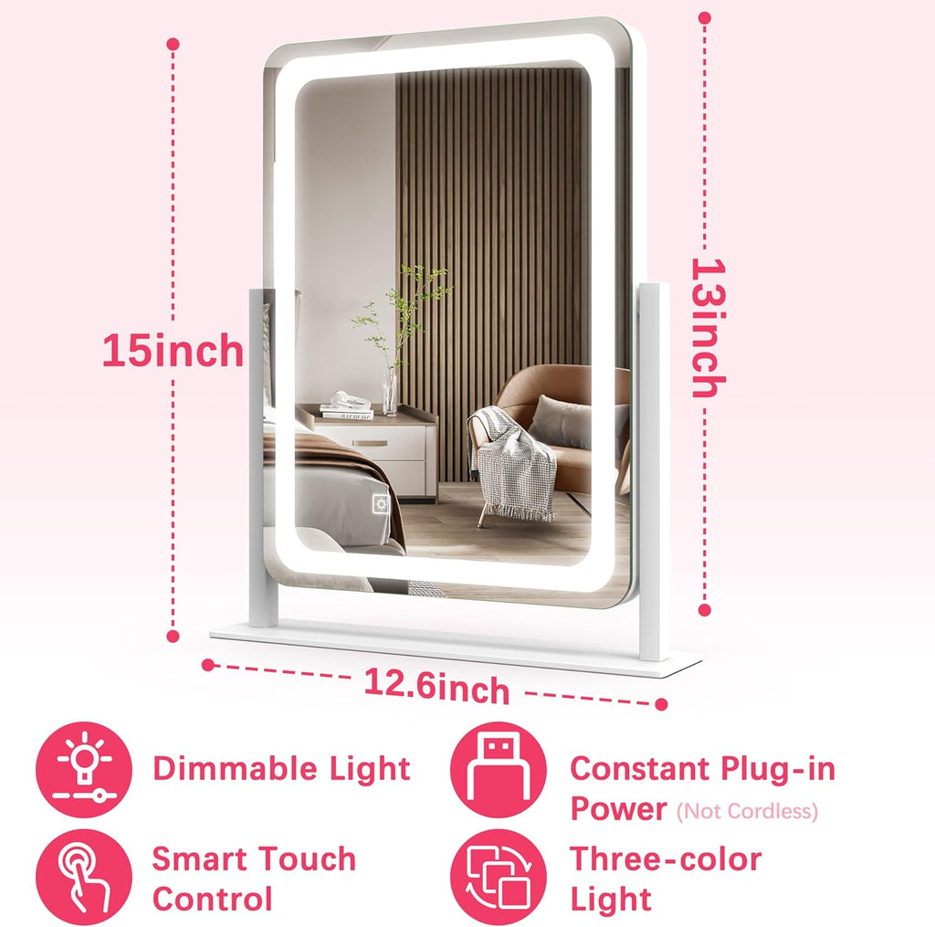 ROLOVE Vanity Mirror with Lights, 12.6"x15" LED Makeup Mirror with Lights, Smart Touch Control 3 Color Dimmable, Lighted Desk Mirror for Bedroom, Light Up Mirror