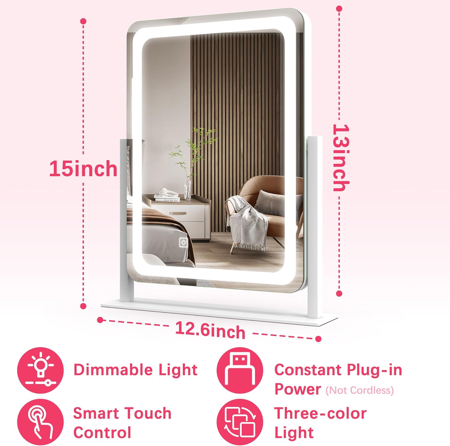 ROLOVE Vanity Mirror with Lights, 12.6"x15" LED Makeup Mirror with Lights, Smart Touch Control 3 Color Dimmable, Lighted Desk Mirror for Bedroom, Light Up Mirror