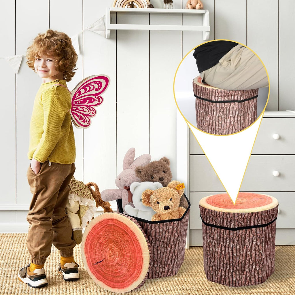 Round Storage Ottoman Cube, Tree Stump Stool, Forest Decor, Multifunctional Toy Storage Box, Cute Foldable Ottoman Stool, Tree Stump Footstool Ottoman, 11inch
