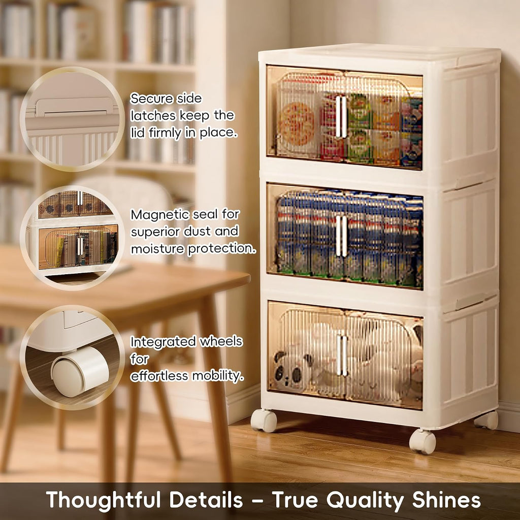 Stackable Organizer Drawers with Wheels, Foldable Plastic Storage Bins for Clothes/Dorm Room Double Door Cream Rolling Cabinet Height (Reinforce Stripe: 3 Clear, 19.8"D x 11.8"W x 31.1"H)