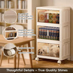 Stackable Organizer Drawers with Wheels, Foldable Plastic Storage Bins for Clothes/Dorm Room Double Door Cream Rolling Cabinet Height (Reinforce Stripe: 3 Clear, 19.8"D x 11.8"W x 31.1"H)