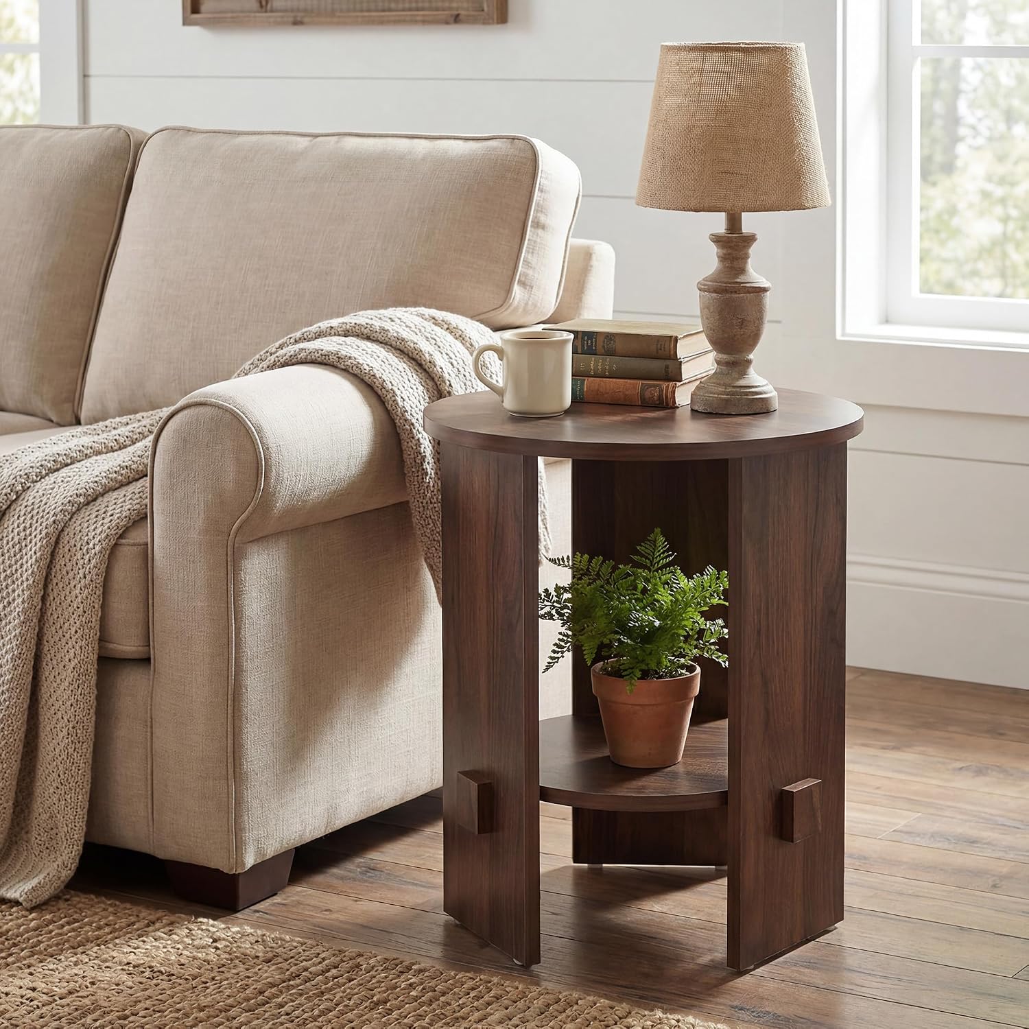 chairus Round Side Table, 15.5" Small End Table with 2-Tier Open Storage, Modern Nightstand for Living Room Bedroom, Compact Accent Furniture for Small Spaces, Walnut