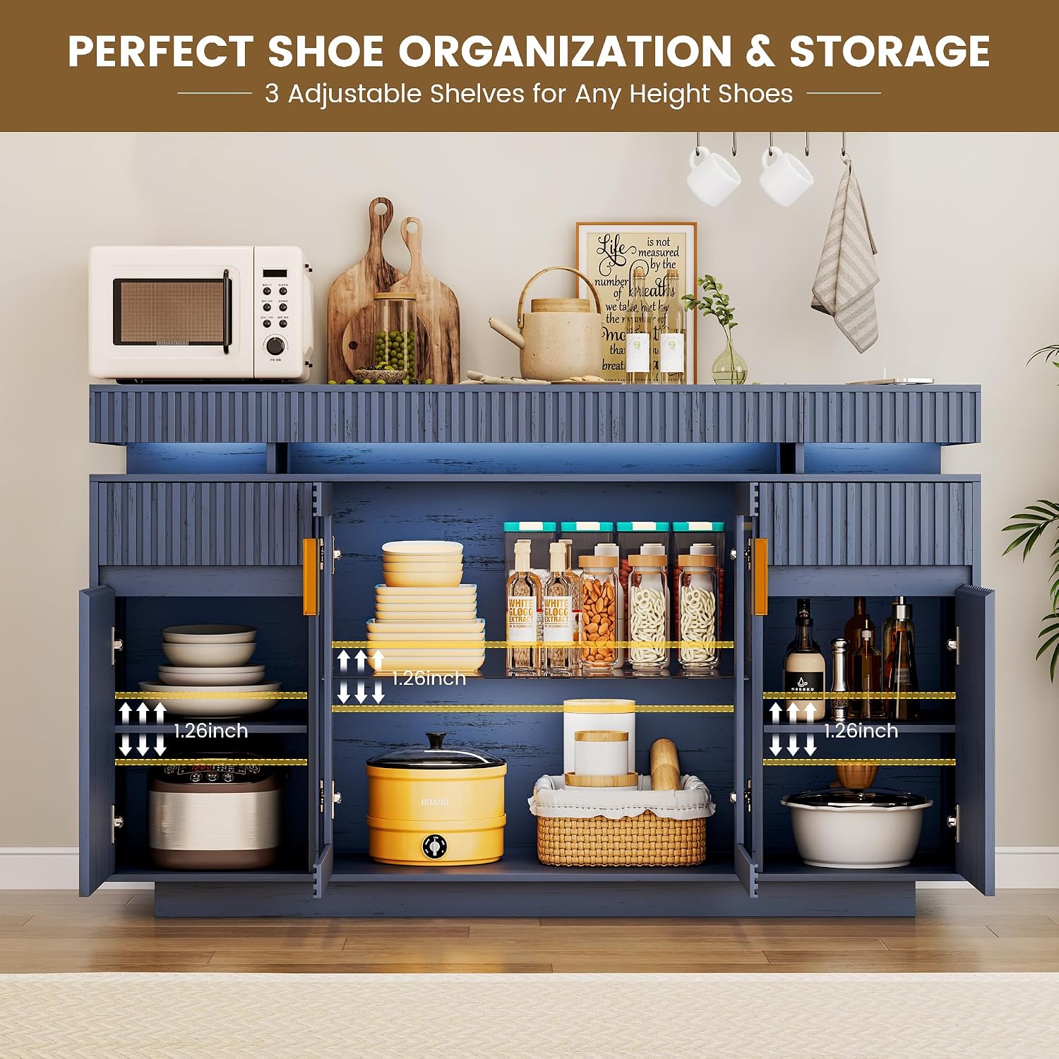LVSOMT 47.2" Sideboard Buffet Cabinet with Storage, Modern Buff Storage Cabinet with Drawers with Motion Sensor, Lighting, Adjustable Shelf, Coffee Bars for Kitchen Dining Room Entryway (Blue)