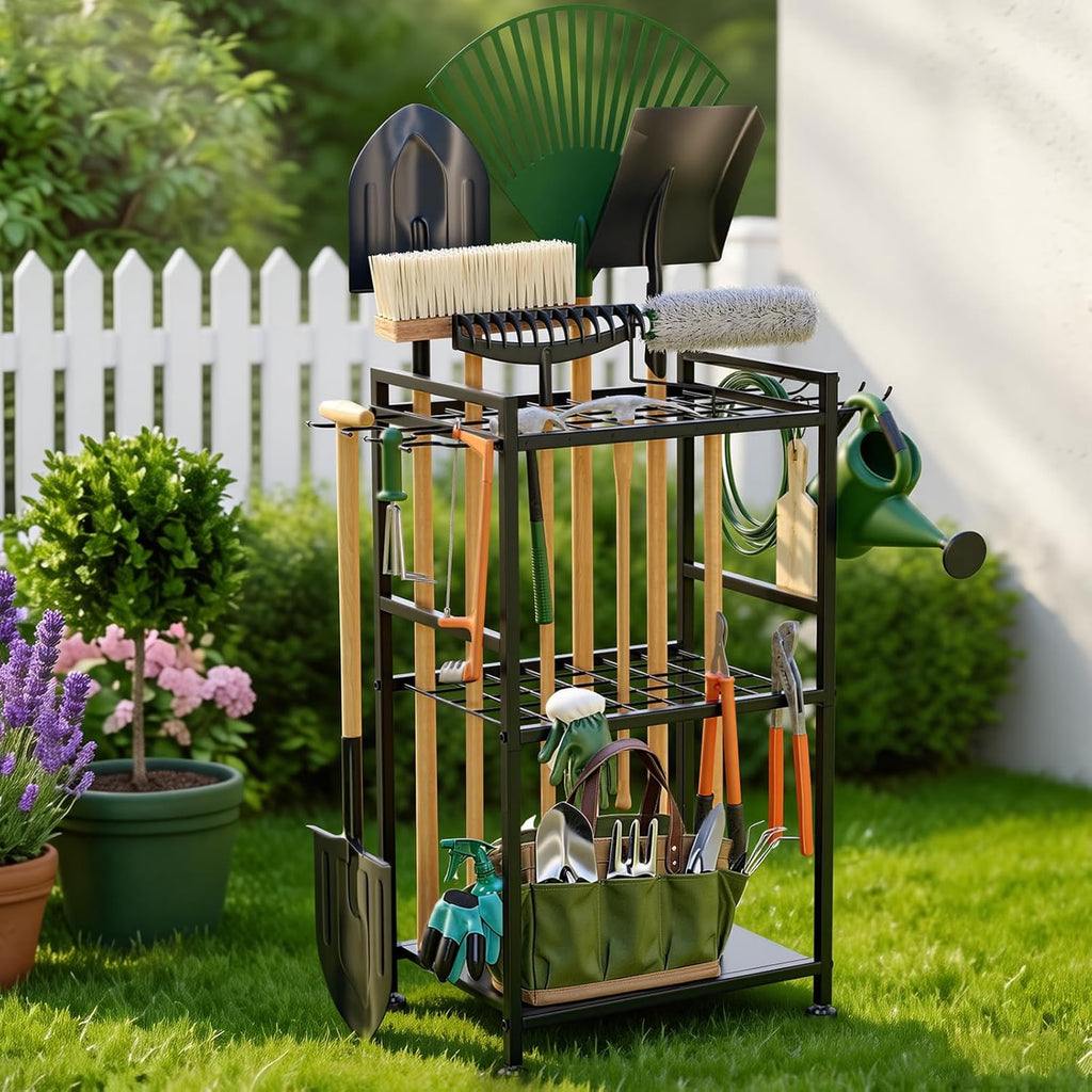 SPACECARE Garden Tool Organizer with Feet, Yard Tower Rack for Garage Organization and Storage, Up to 35 Long-Handled Tools/Rakes/Brooms, Heavy Duty Steel Garden Tool Stand for Shed, Outdoor, Black