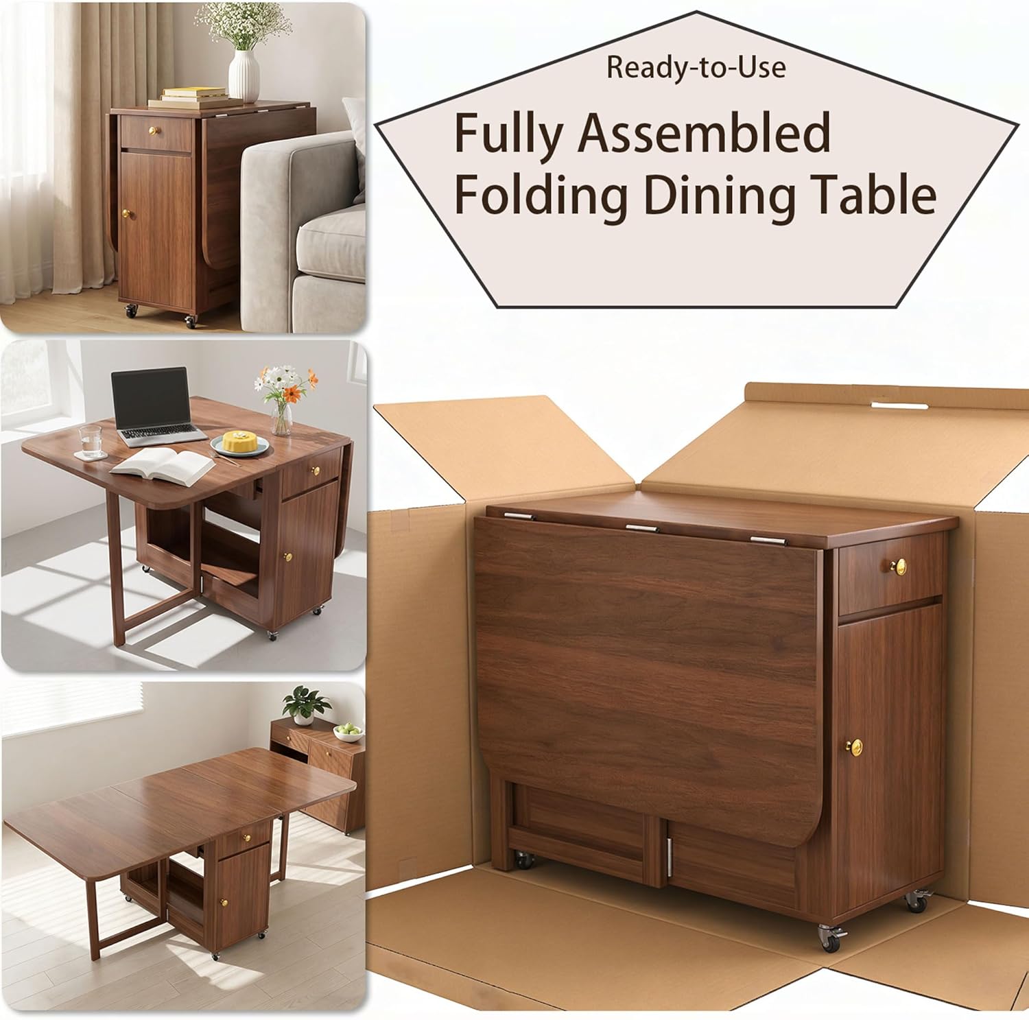 Extendable Drop Leaf Folding Dining Table with 2 Hidden Storage Drawers and 4 Wheels, No Assembly Required Space Saving Table for Small Spaces, Living Room & Kitchen (51.18 inch Table & 4 Chairs)