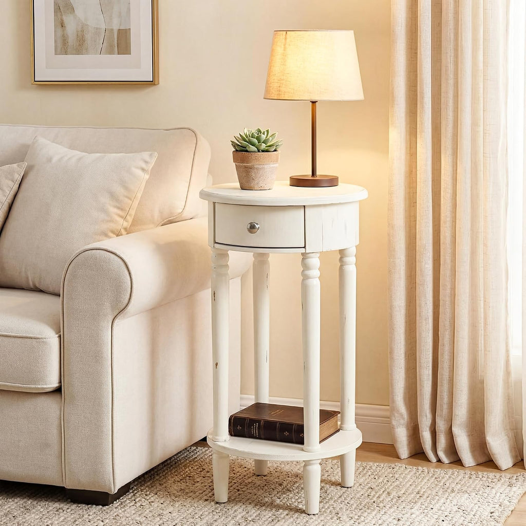 COSIEST Tall Nightstand with Drawer, Tall Side Table, 2 Tier Round End Table for Living Room, 28'' Accent Table for Corners, Beige