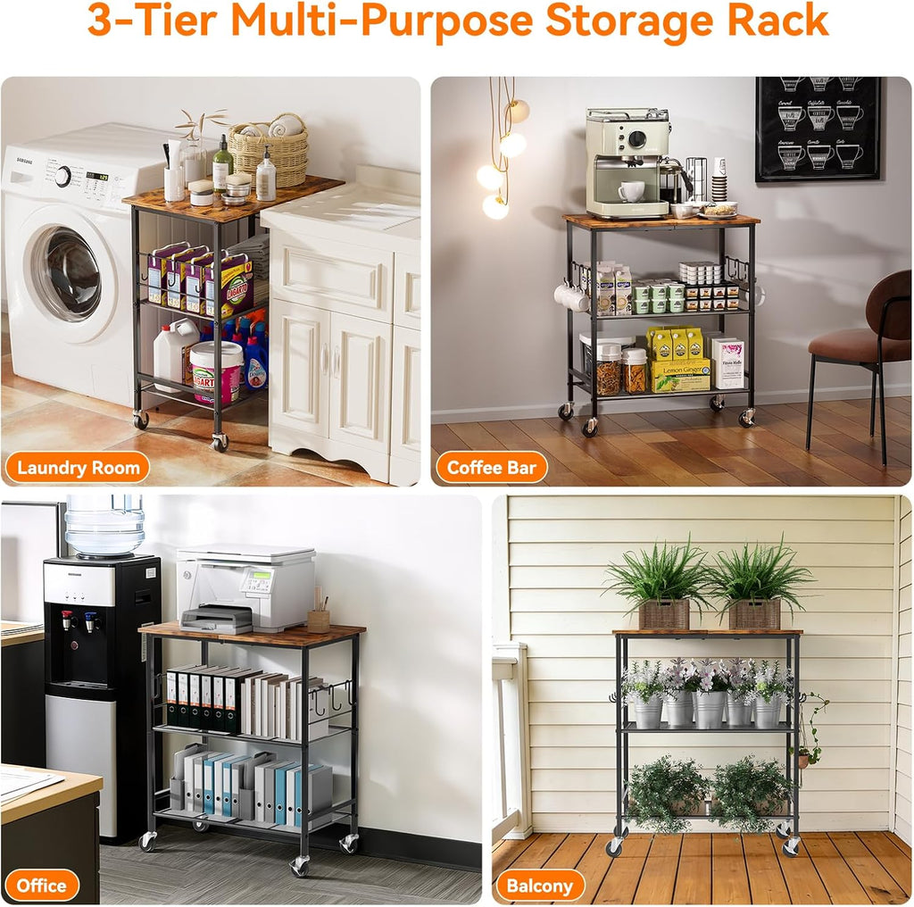 NTE Rolling Kitchen Microwave Cart, 3 Tier Microwave Stand with Storage, Small Kitchen Island on Wheels, Kitchen Storage Cart with 6 Hooks for Kitchen, Coffee Bar, Living Room, Balcony