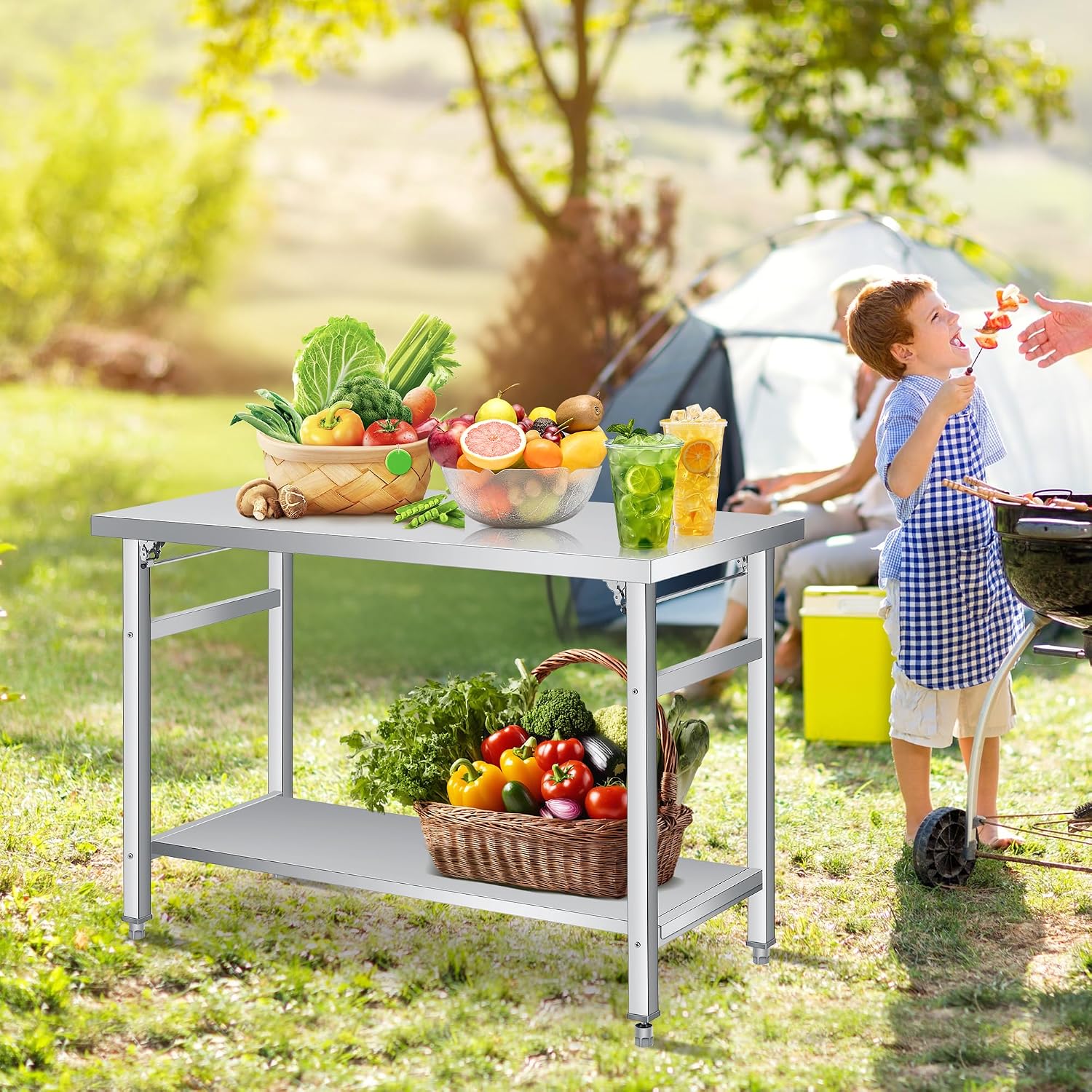 48" x 24" Stainless Steel Folding Table - 920 LBS Commercial Foldable Prep Table, Metal Worktable with Adjustable Undershelf and Feet, for Home Kitchen Restaurant Garage Warehouse, Heavy Duty