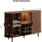 55" Wine Cabinet, Fluted Coffee Bar Cabinet with LED Light, Modern Liquor Coffee Station with Power Outlet, Wine Rack & Glass Holder, Sliding Door Buffet Sideboard Table for Kitchen, Entryway, Walnut