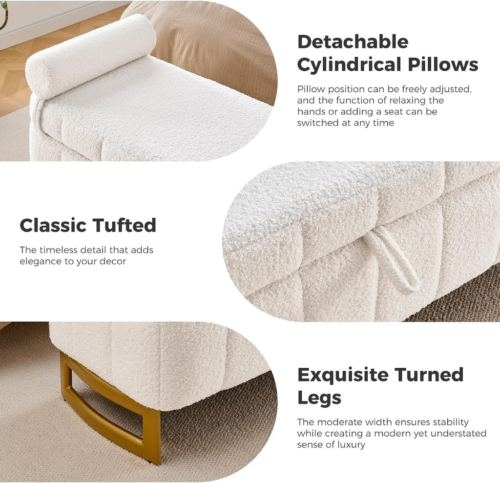End of Bed Bench with Storage, 63" Storage Bench for Bedroom King Size Bed, Storage Ottoman Bench with Golden Metal Legs, Bedroom Benches for Entryway Hallway, Teddy Cream White