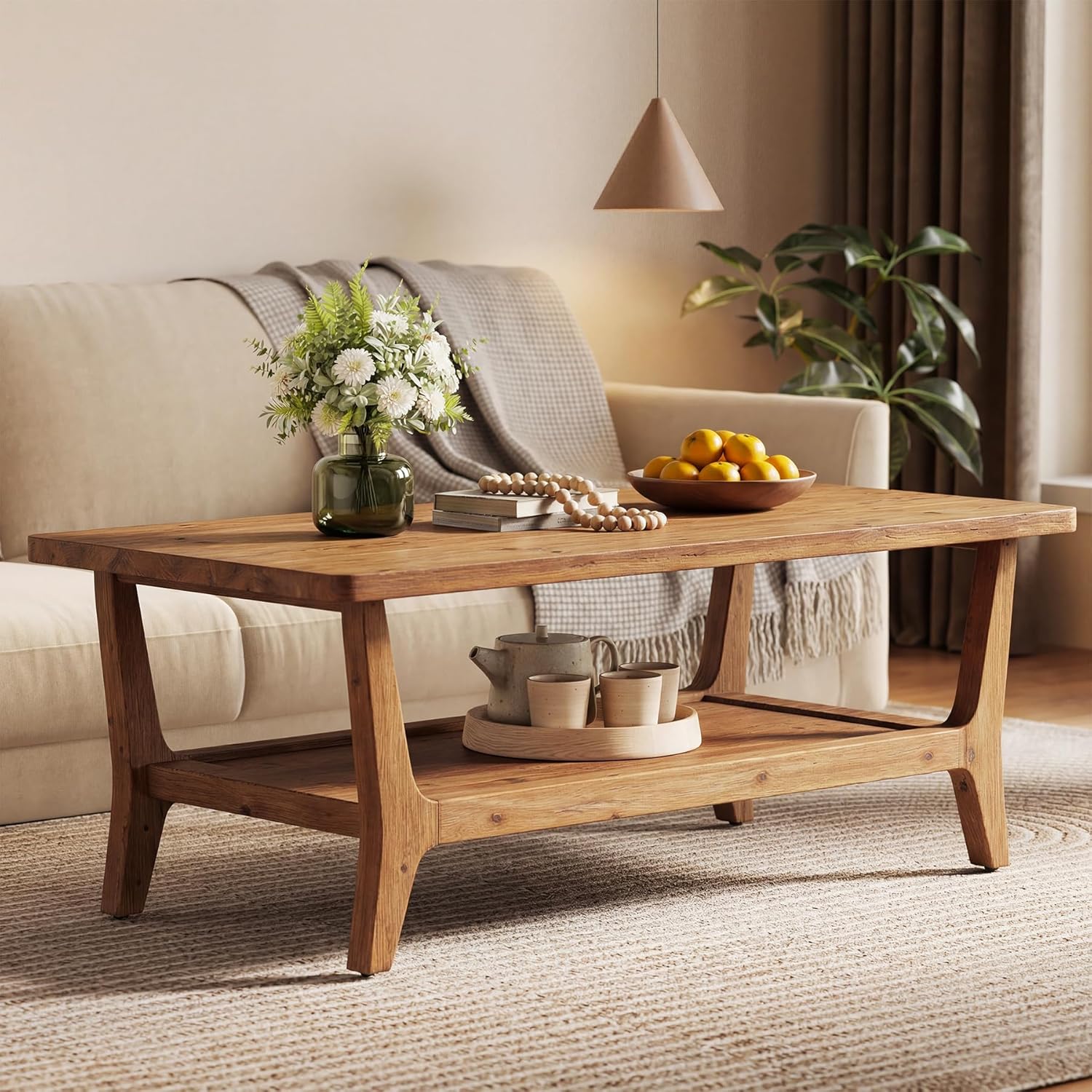 LITTLE TREE Solid Wood Coffee Table, 47-Inch Living Room Center Table with Shelf, 2-Tier, Smooth Corners, Lightweight, Easy Assembly, 23.6" D x 47.2" W, Warm Cedar Brown Finish