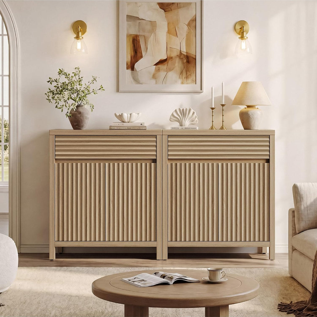 SICOTAS 58" Fluted Buffet Cabinet with Storage, Modern Farmhouse Sideboard with 4 Doors, 2 Drawers & Adjustable Shelves, Sturdy Credenza for Kitchen, Living Room & Entryway, Reclaimed Light Oak